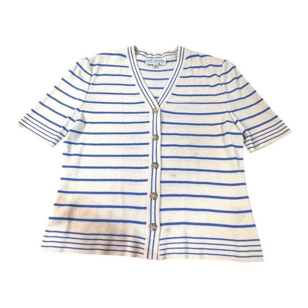 St. John Collection Blue & White Striped V Neck Button Up Cardigan Size 12 READ